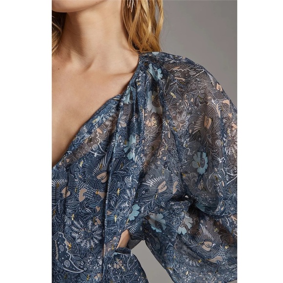 Anthropologie Let Me Be Blue Floral Sheer Chiffon Blouse M Puffed Sleeves Boho - Picture 14 of 14